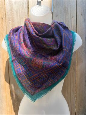 VTG  Challis by Berkshire Paisley Square Scarf Fringe Blue Purple Made in Japan